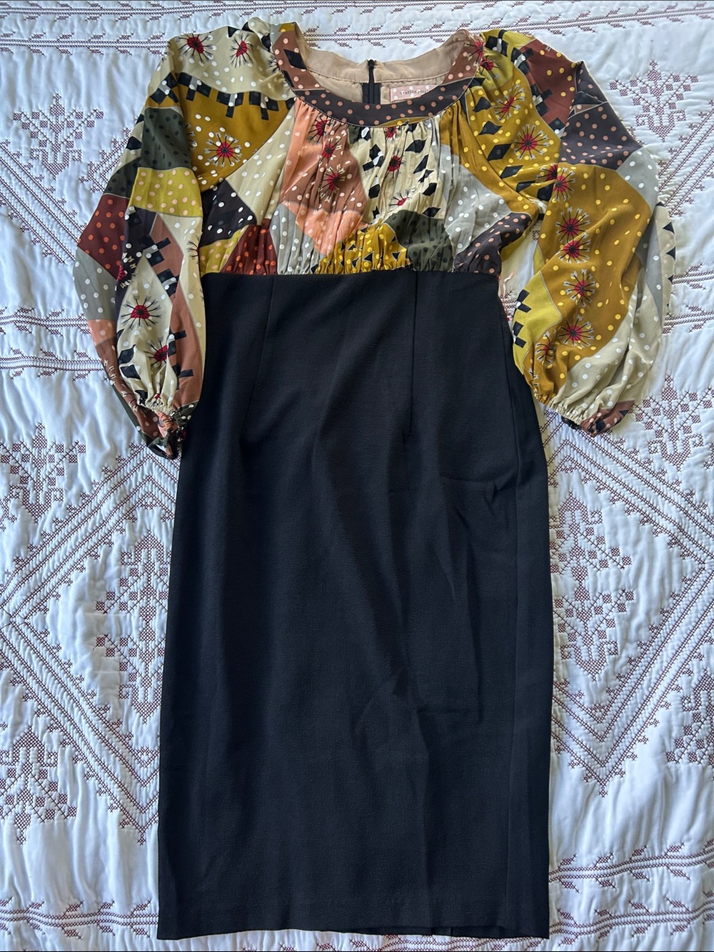 Traffic People Black Midi Dress with Multicolor Patterned Bodice